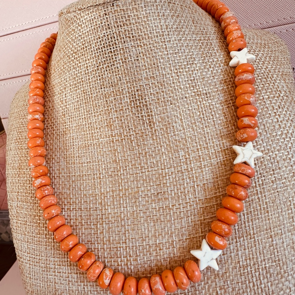 Orange Beaded Necklace with Star Accents